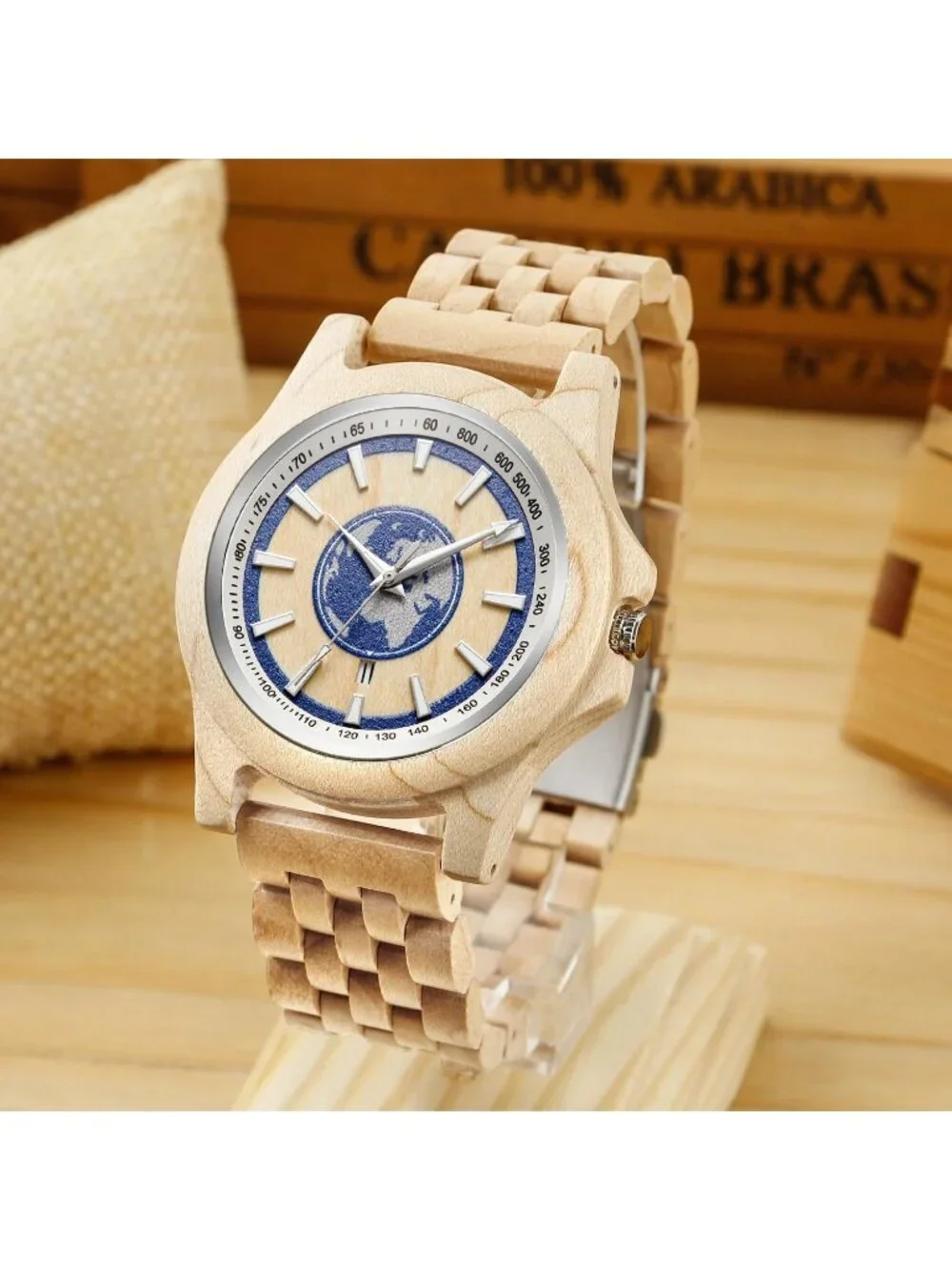 Men Beige Quartz Solid Ebony Zebra Fold over Clasp Wood Strap Round Wooden Watch